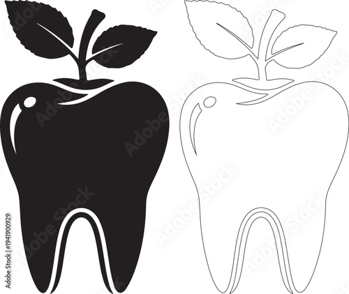Black and white tooth with leafy sprout on top