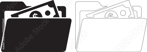 Black and white icons of wallets with cash and credit cards inside