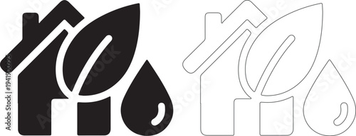 Eco friendly house with leaf and water drop logo in black and white