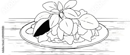 A black and white line drawing of a plate of food topped with basil leaves