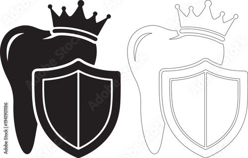 Black and white tooth shield logo with crown on top for dental care