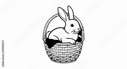 A black and white line drawing of a rabbit resting in a woven basket