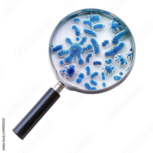 Magnifying glass examining blue bacteria culture isolated on a transparent background
