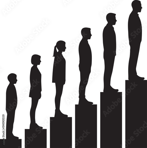 Silhouettes of people standing on ascending steps in black and white height des