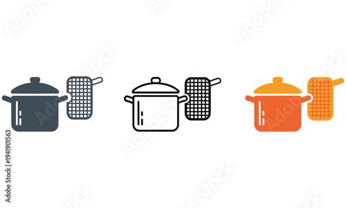 Cooking pot and grater icon set in various colors showcasing kitchen utensils in vector graphic design perfect for culinary projects and cooking illustrations