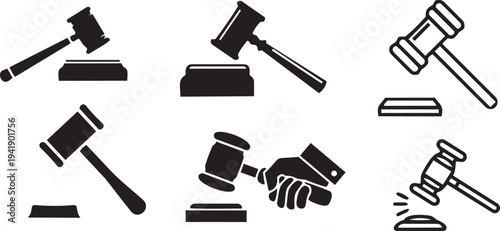 Judgement Hammer Symbols: Collection of meticulously crafted gavel silhouettes, emblematic of the judicial system, emphasizing justice, fairness, and legal proceedings. 
