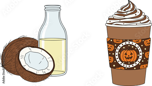 Coconut with milk bottle and Halloween themed takeaway coffee cup illustration set for tropical drink and autumn beverage concept