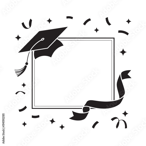 A graduation cap with confetti and ribbon framing a blank space