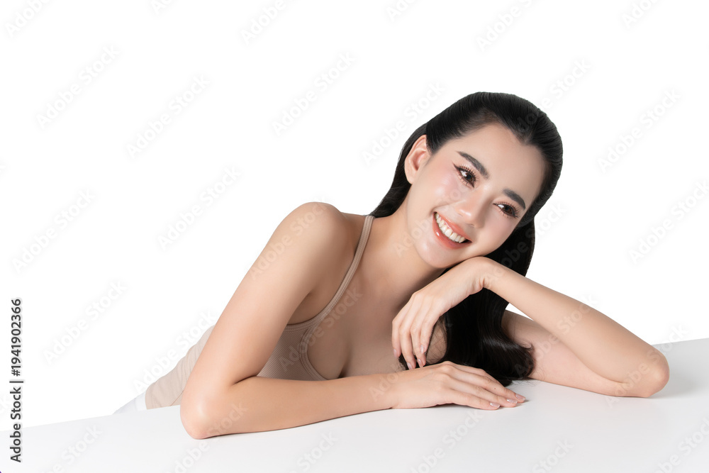 Fototapeta premium Close up of beauty young asian woman with glowing facial and body skin on transparent background.