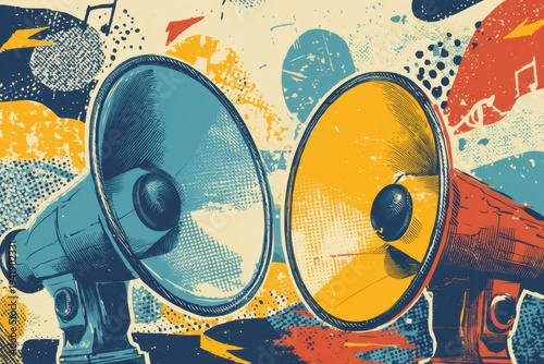 Two megaphones, vibrant abstract illustration, retro grunge aesthetic