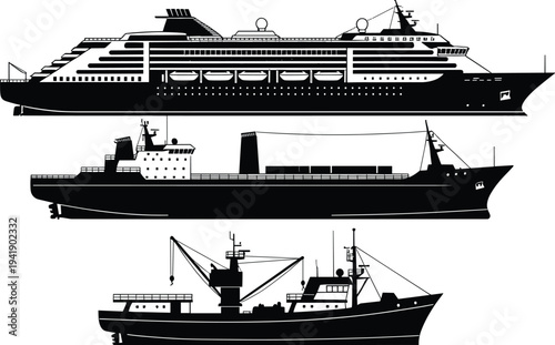 Cruise Ship Cargo Vessel and Fishing Boat Silhouettes Maritime Transport and Shipping Industry Vector Illustration Set