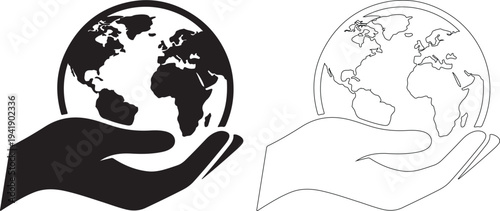 Black and white line art of hands holding the earth globe in two styles