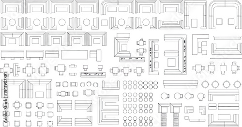 Isolated technical drawing on transparent background with various architectural elements
