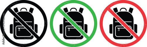 Three distinct symbols indicating the permitted and prohibited use of a backpack.