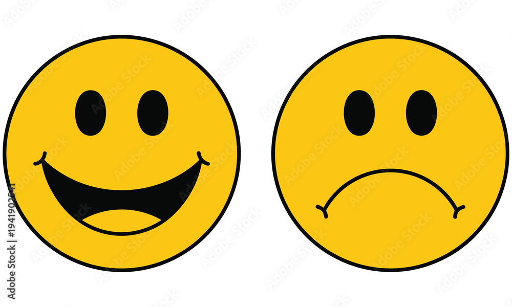 Fototapeta premium Simple emoticon design featuring happy and sad faces used in digital communication and graphic illustrations.