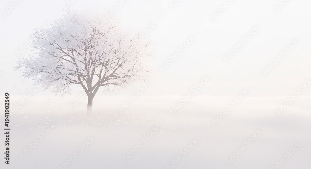 Fototapeta premium Minimalist Winter Tree in Foggy Landscape.