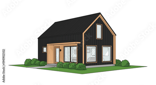 A compact modern black house with natural wood trim around windows and entrance stands on a green lawn with bushes and a pathway.