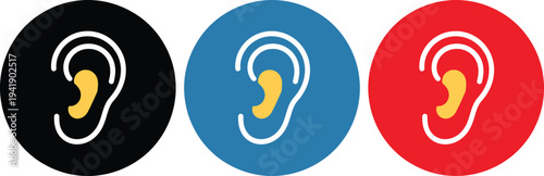 Three colorful ear icons on a white background representing hearing and listening.