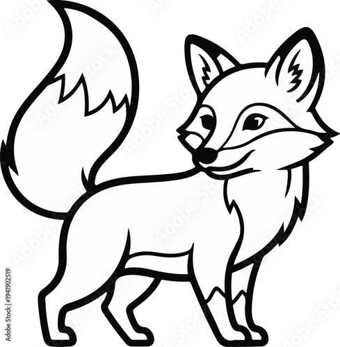 A black and white line drawing of a stylized fox with a bushy tail