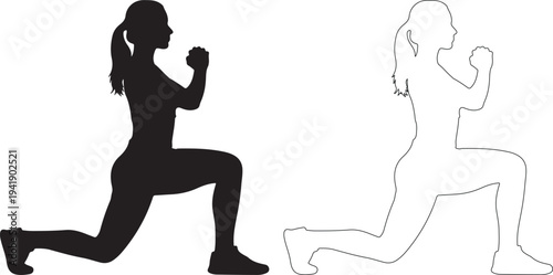 Silhouette of woman in lunging position with outline, exercising with dumbbells
