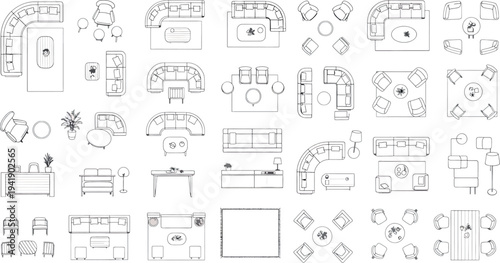 A collection of various furniture and household items illustrated in a sketchy line drawing style isolated on transparent background