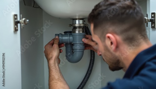 Man connects grey pipe under sink. Plumber repairs plumbing under kitchen basin. Pro installs drain fitting, fixes water system with tool. Home maintenance job.