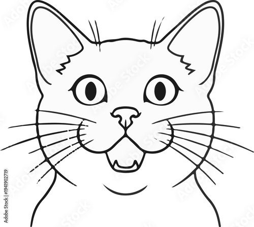 A black and white line drawing of a surprised cat's face