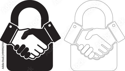 Handshake through a padlock in black and white line art