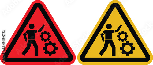 Warning signs indicating areas with moving machinery and potential crushing hazards