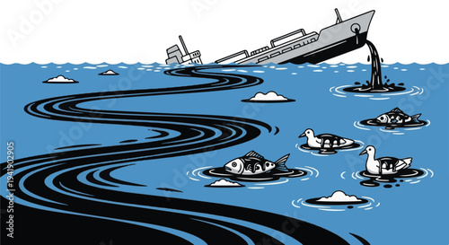 Oil Spill in Ocean – Marine Oil Pollution Environmental Vector Illustration