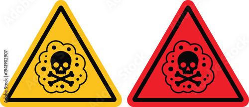 Two triangular warning signs with skull and crossbones symbols in different colors