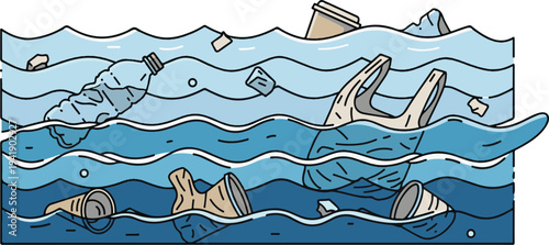 Ocean Plastic Pollution – Marine Trash and Waste Vector Illustration