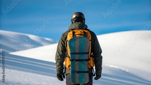 A person wearing winter gear with a snowboard on their back stands on snowy terrain under a clear blue sky.