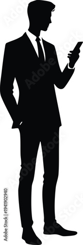Silhouette of a businessman in a suit using a smartphone isolated on white background representing modern communication and business