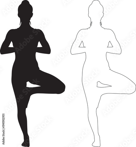 Silhouette of woman in tree yoga pose with outline