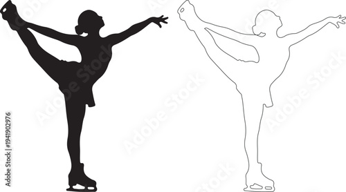 Figure skater in dynamic pose with silhouette and dotted line outline