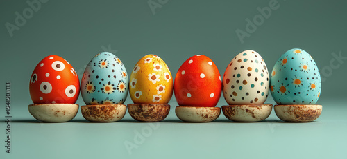 Colorful decorated Easter eggs arranged in a row against a soft pastel background. Festive spring composition symbolizing Easter celebration, creativity, tradition, and seasonal decoration.
