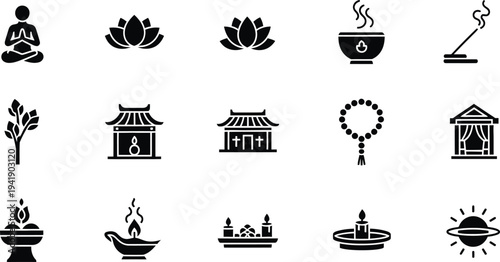 A collection of 12 black and white icons representing various spiritual and religious symbols