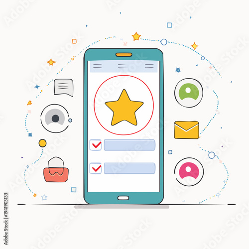 Smartphone with Rating and Icons Displayed.