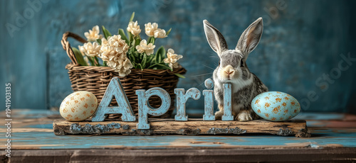 Spring decorative scene with the word April surrounded by Easter eggs, flowers and a bunny on a rustic wooden table. Seasonal concept representing springtime renewal and festive Easter decoration.