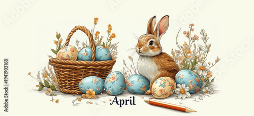 Ilustración primaveral con conejo de Pascua rodeado de huevos decorados y flores sobre fondo pastel. Escena alegre que representa la tradición de Pascua, celebración familiar y espíritu festivo. Abril