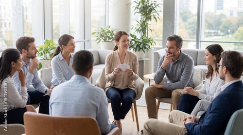 Group meeting in bright office lounge. Facilitator leads group discussion with coworkers seated in circle, sharing ideas, listening, coaching talk, teamwork mindset, business training concept