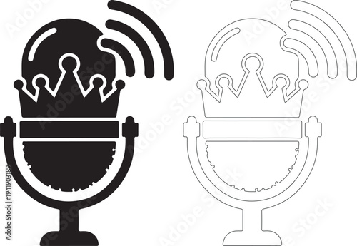 Black and white microphone with crown and radio waves