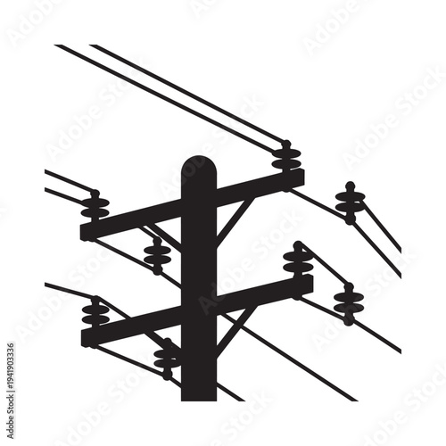 Black silhouette of utility pole with multiple power lines and insulators