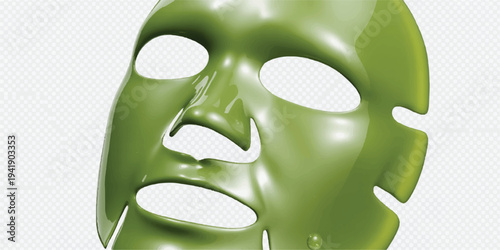 A close-up photograph of a green sheet facial mask against a white background with a checkered pattern 