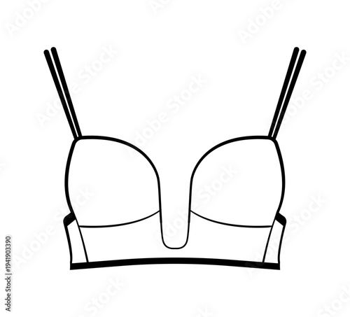 Black silhouette of a women bustier crop top with molded cups and thin straps. Minimal vector illustration of female lingerie isolated on white background.
