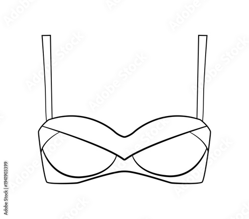 Line illustration of a women's bustier bra with structured molded cups and thin straps, designed to provide strong support and shaping for the bust.