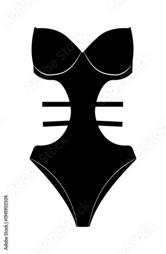 Black silhouette of women monokini swimsuit with molded cups and side cutouts. Vector illustration of female swimwear isolated on white background.