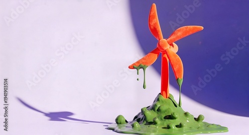 Colorful wind turbine model on green base with purple background  