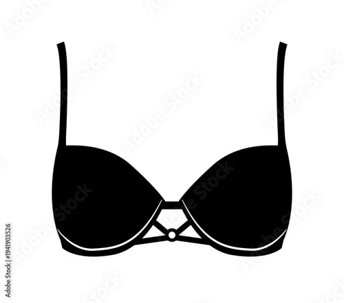 Black silhouette of push up bra with decorative center detail designed to accentuate breast shape. Vector illustration of erotic female lingerie isolated on white background.
